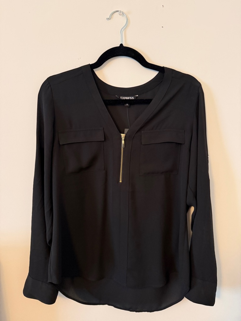 Express Black Long-Sleeve Zip-Front Blouse